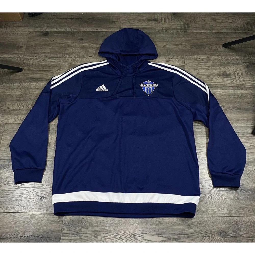 Adidas Hoodie Mens XL Navy Blue Blacksburg Soccer Pullover 3‎ Stripe Sweatshirt